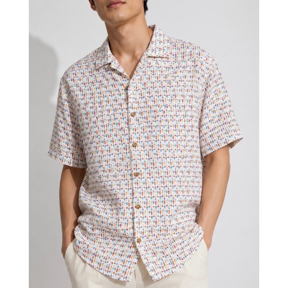 Johnnie-O Hangin Out Mens Small White Cocktail Print Linen Lyocell Shirtโ NEW